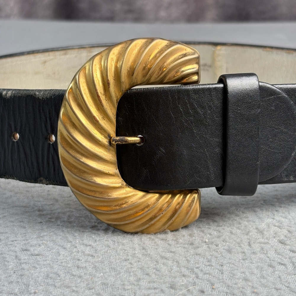 Anne Klein Vintage Black Leather Belt Gold Ribbed Crescent Buckle Size L 18071